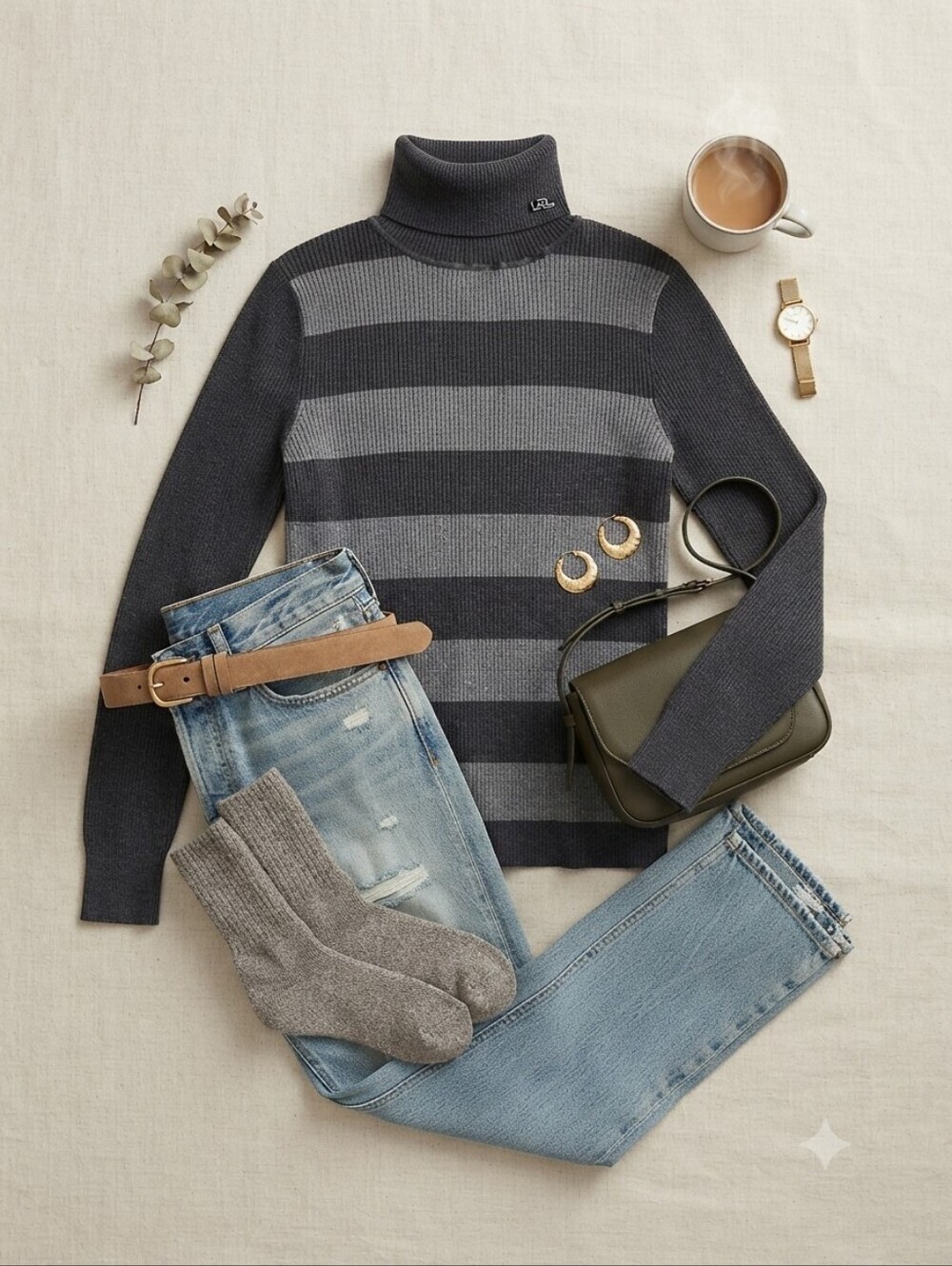 Lauren Ralph Lauren Black Gray Thick Stripe Long Sleeve Rib Knit Turtleneck